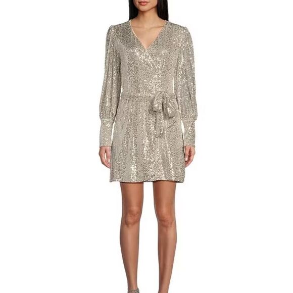 NWT GB Long Sleeve Silver Sequin Faux Wrap Cocktail Party Dress Size LARGE - Picture 1 of 8